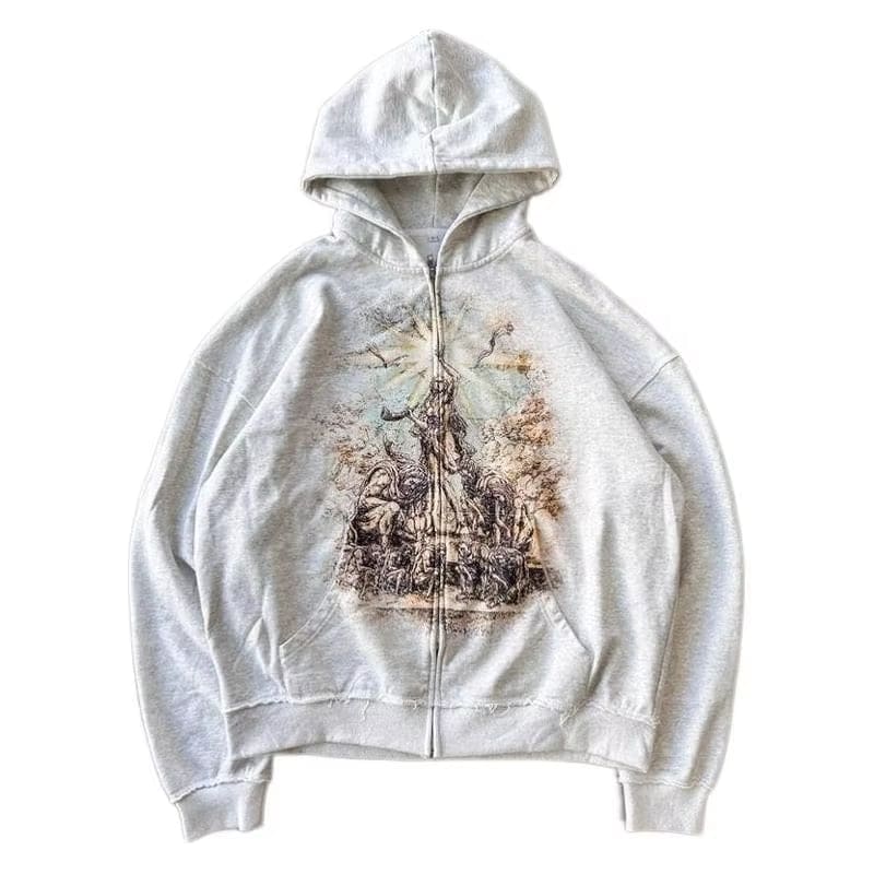 2024 Autumn Women Trendy Casual Hoodie Geometric Pattern Printed Zipper Harajuku Sweatshirt Men Trendy Brand Loose Jacket